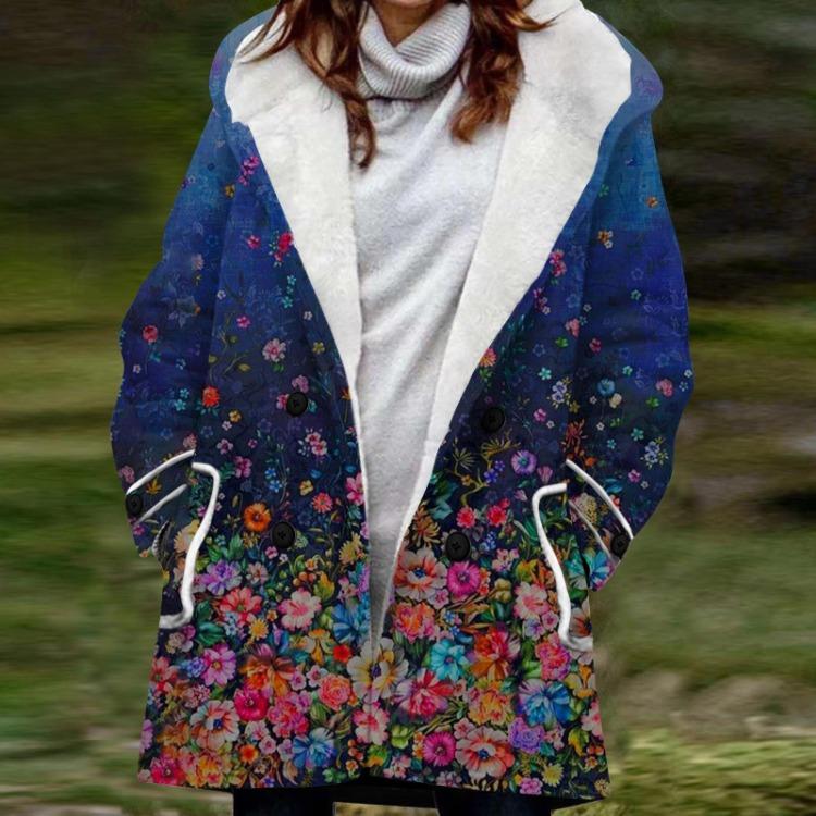 

Женская теплая плюшевая куртка с капюшоном на пуговицах большого размера с карманами с цветочным принтом XL