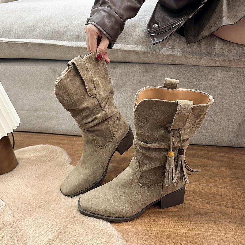 2025 autumn and winter new retro suede thick heel western boots Martin boots women's boots comfortable and versatile stacking boots