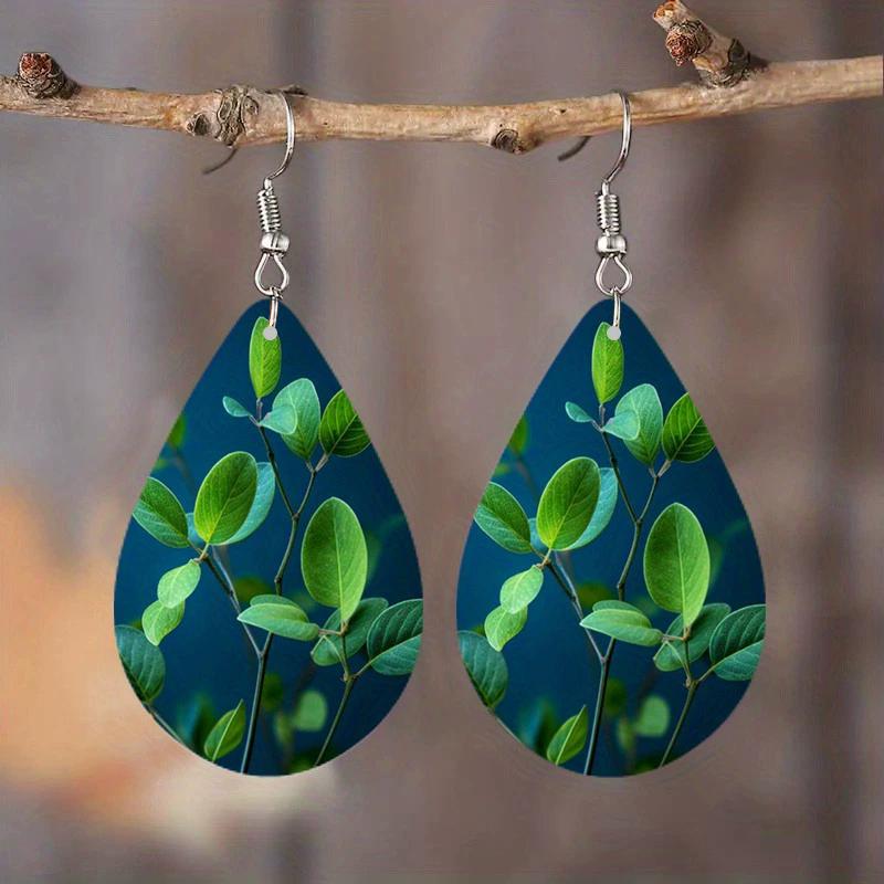 

New Flower Plant Aurora Wooden Dangle Earrings Hook Water Drop Earrings Glass Cabochon Shaped Jewelry Gift for Women Girls