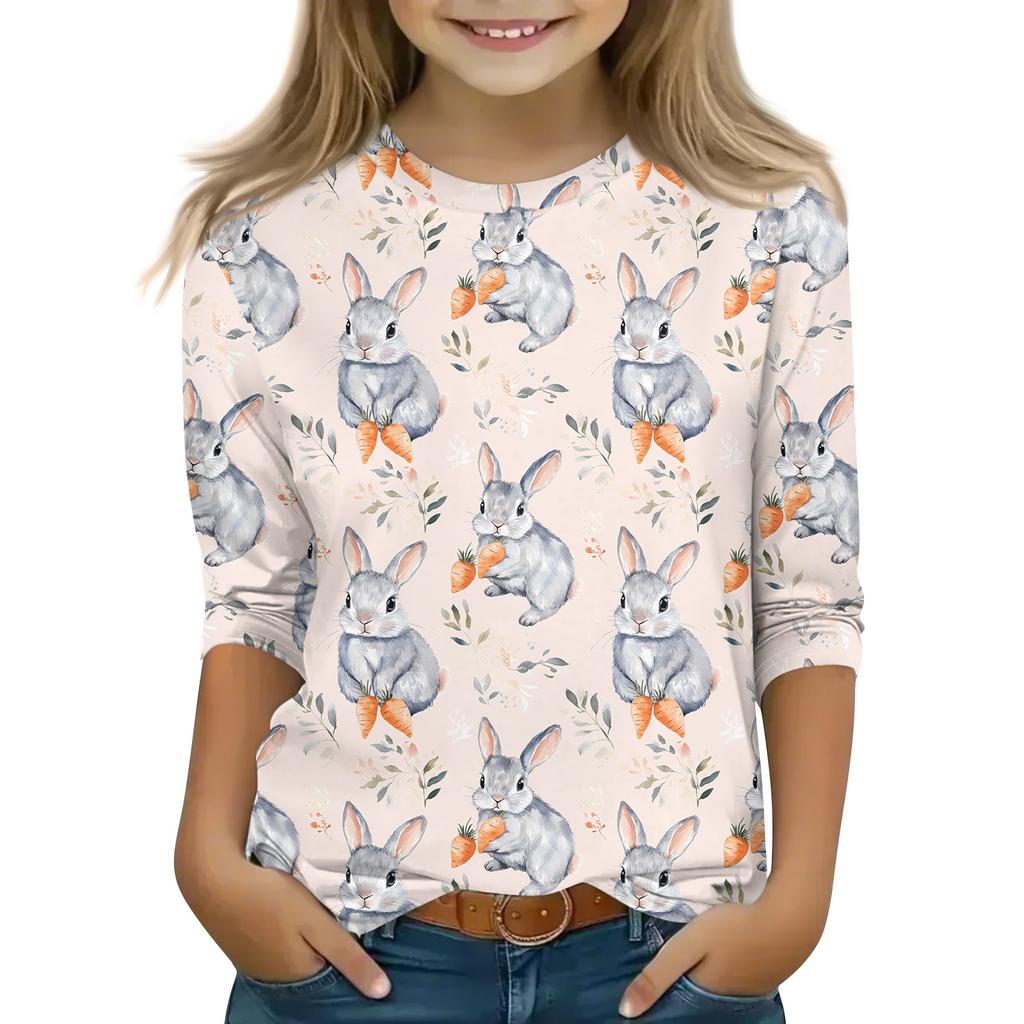 Print Tops For Youth Girls Round Neck 3/4 Sleeves T-Shirts Trendy Tops Outfit Tees