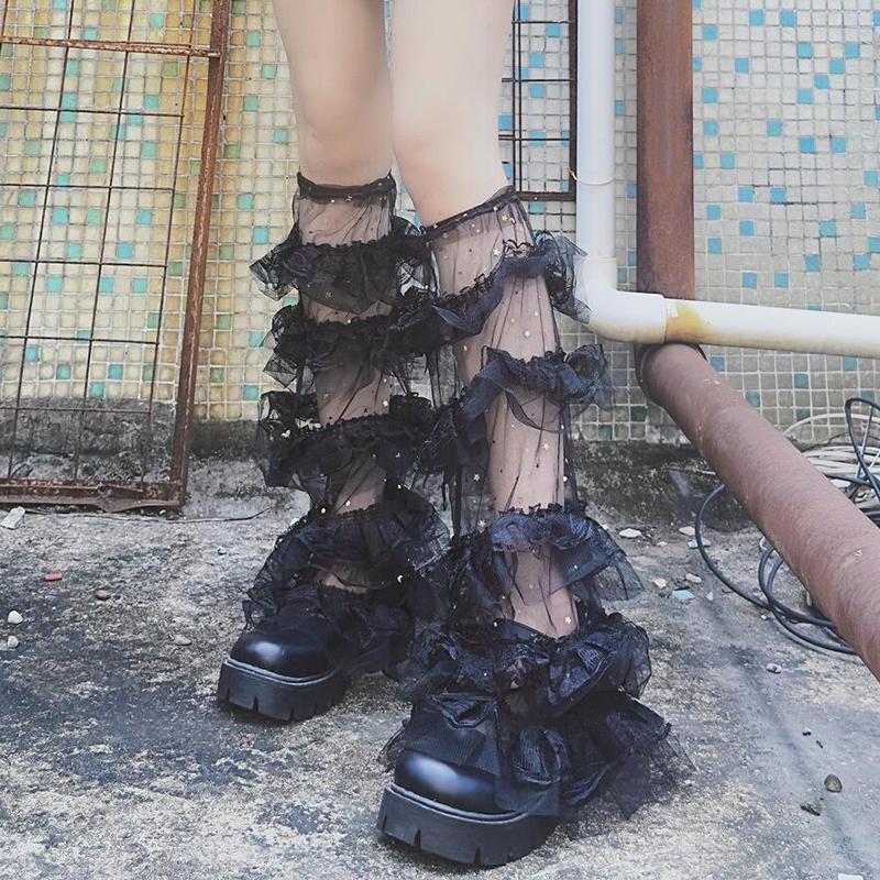 

Женские многослойные сетчатые гетры с оборками, кавайные высокие носки, эстетичные чулки Y2K Chic, манжеты для ног, уличная одежда as the picture