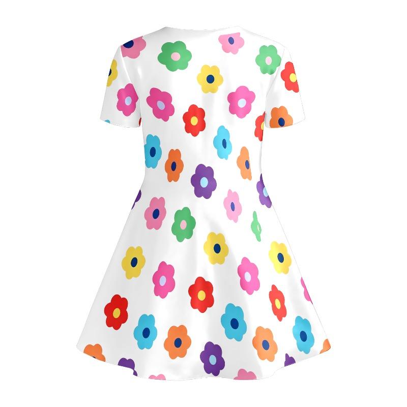 Süßes Ganzseiten Buntes Blumenmuster Mädchen Freizeitkleid mit Einfachem Blumendesign Kurzärmeliges Kleid Geeignet für Geburtstagsgeschenke