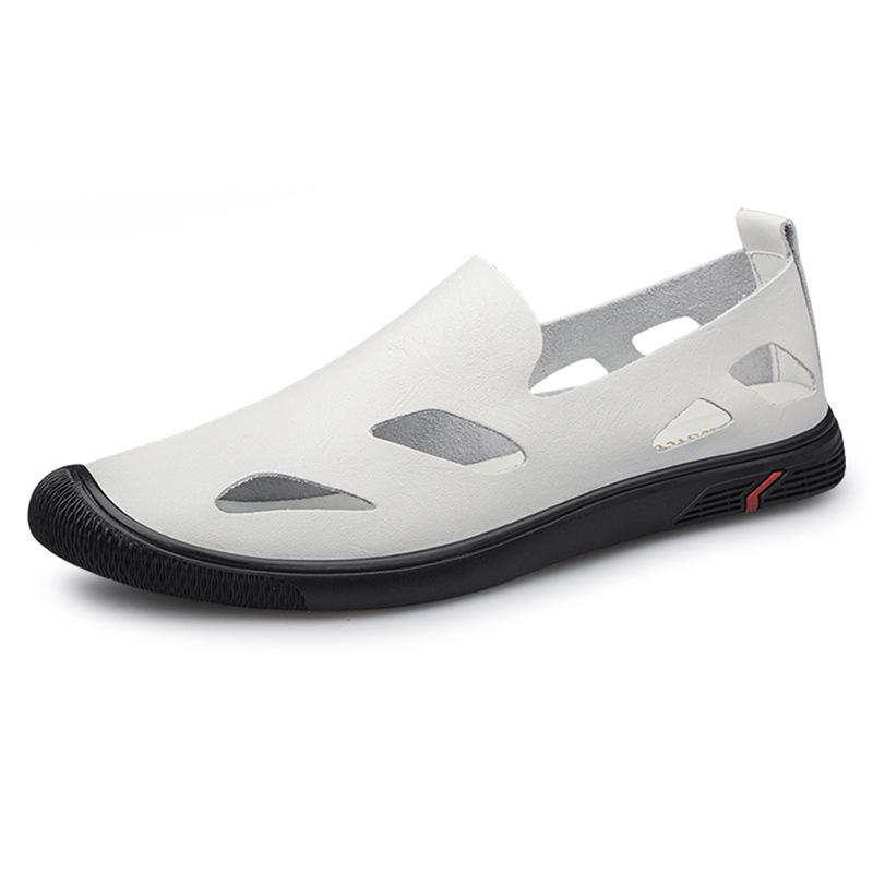 Men s Breathable Cowhide Slip-On Sandals - Large Size, Flat Bottom, Hole Design for Spring/Summer 37