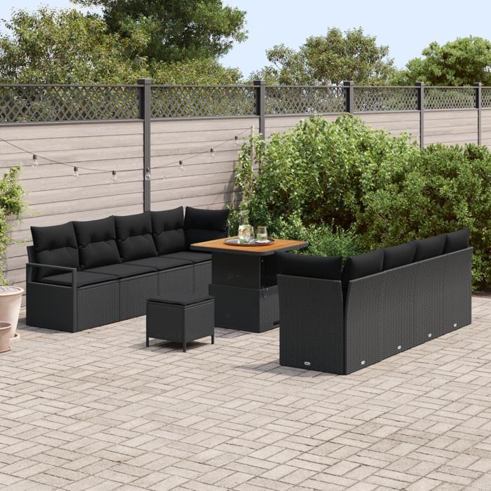 Ensemble de canapé de jardin 11 pièces avec coussins noir poly rotin acacia, Canapé de jardin 2 places avec rangement 3364444