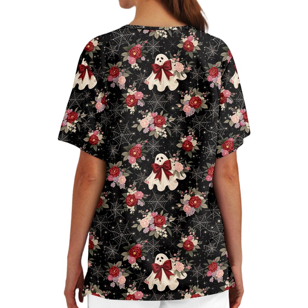 Women's Halloween Print V Neck Medical Scrub Top with Pockets Side Slits Short Sleeve Nurse Uniform Shirt for Healthcare Professionals