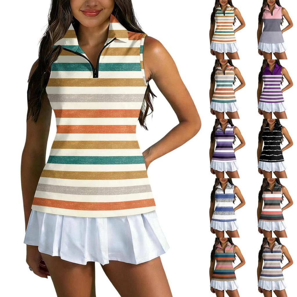 Women Sleeveless Golf Polo Shirt Zip Up Collar Striped Printed Athletic Tank Top for Sports and Outdoor Activities