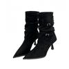 2025 Autumn and Winter New Fashion Versatile Pointed Heel Suede French Thin Short Boots Fashion Buckle Khaki