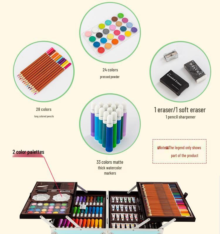 145-Piece Double-Layer Aluminum Box Paint Brush Set for Children's Art and Watercolor Painting Supplies