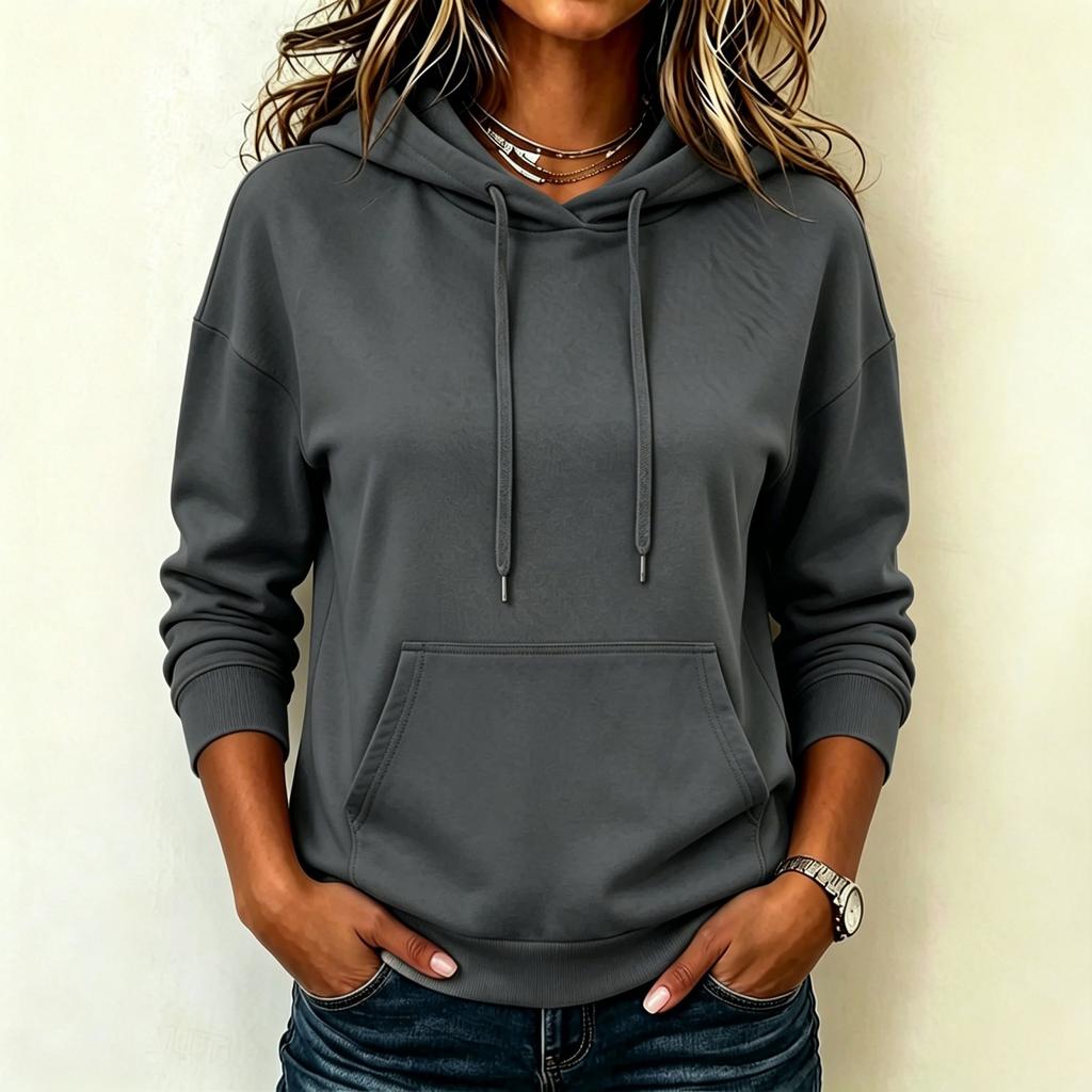 Women's Fashion Long Sleeve Hoodie Pullover Sweatshirt Solid Color Pocket Casual Pullover Sweatshirt with Drawstring Hood and Front Pocket