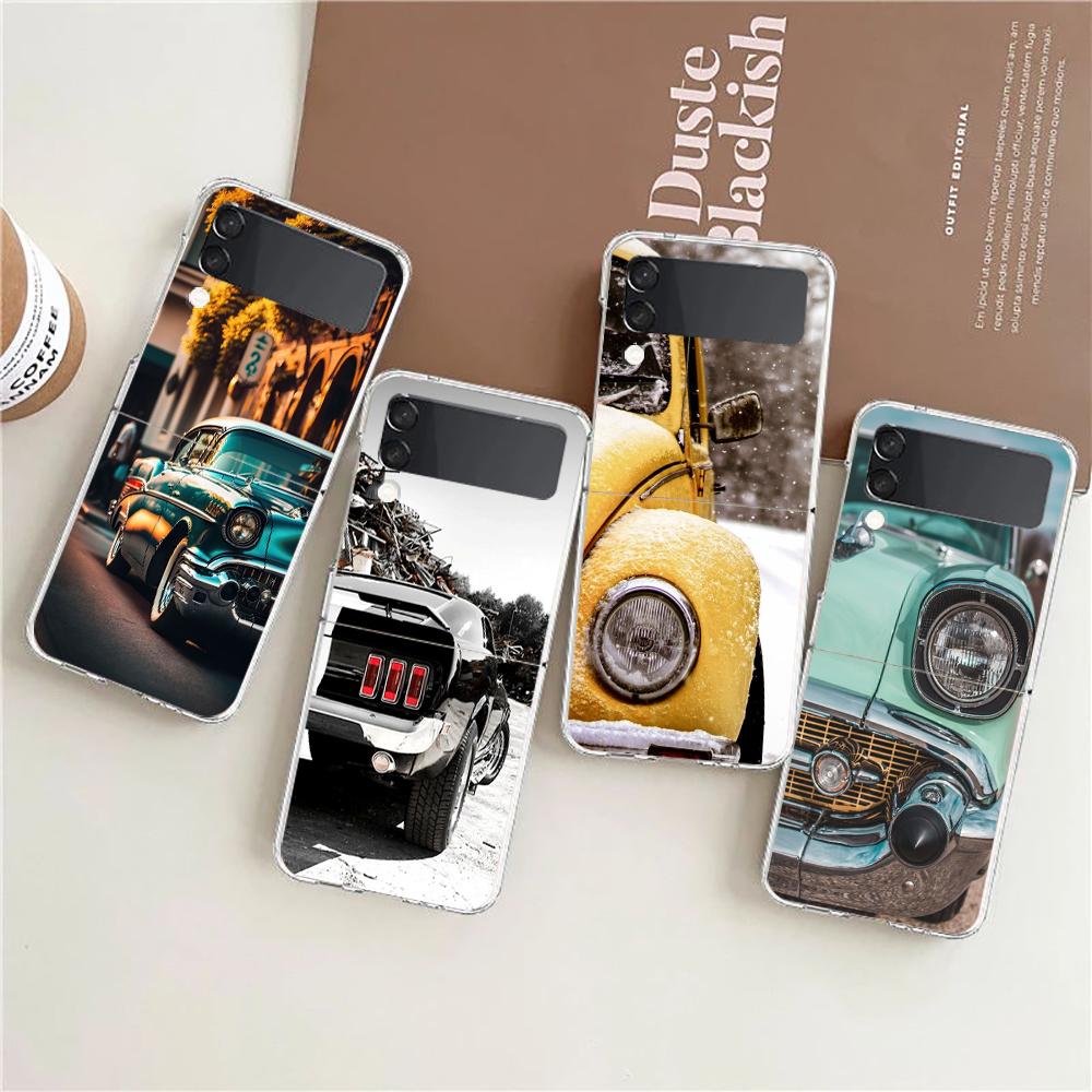 Classic Vintage Old Retro Car Phone Case For Samsung Galaxy Z Flip 3 4 5 Hard Folding Clear PC For Samsung Z Flip 6 Back Cover