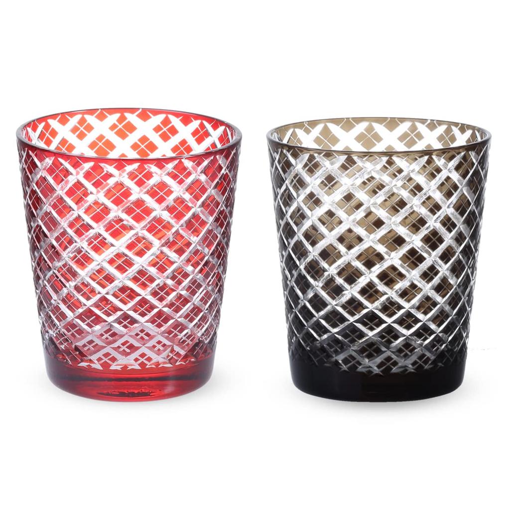 Nostalgia Kiriko Pair of Glass Diamond Red Current Model J-kitchens Cups, 79xH90mm, 220cc, Pattern, & Brown, Bisho,