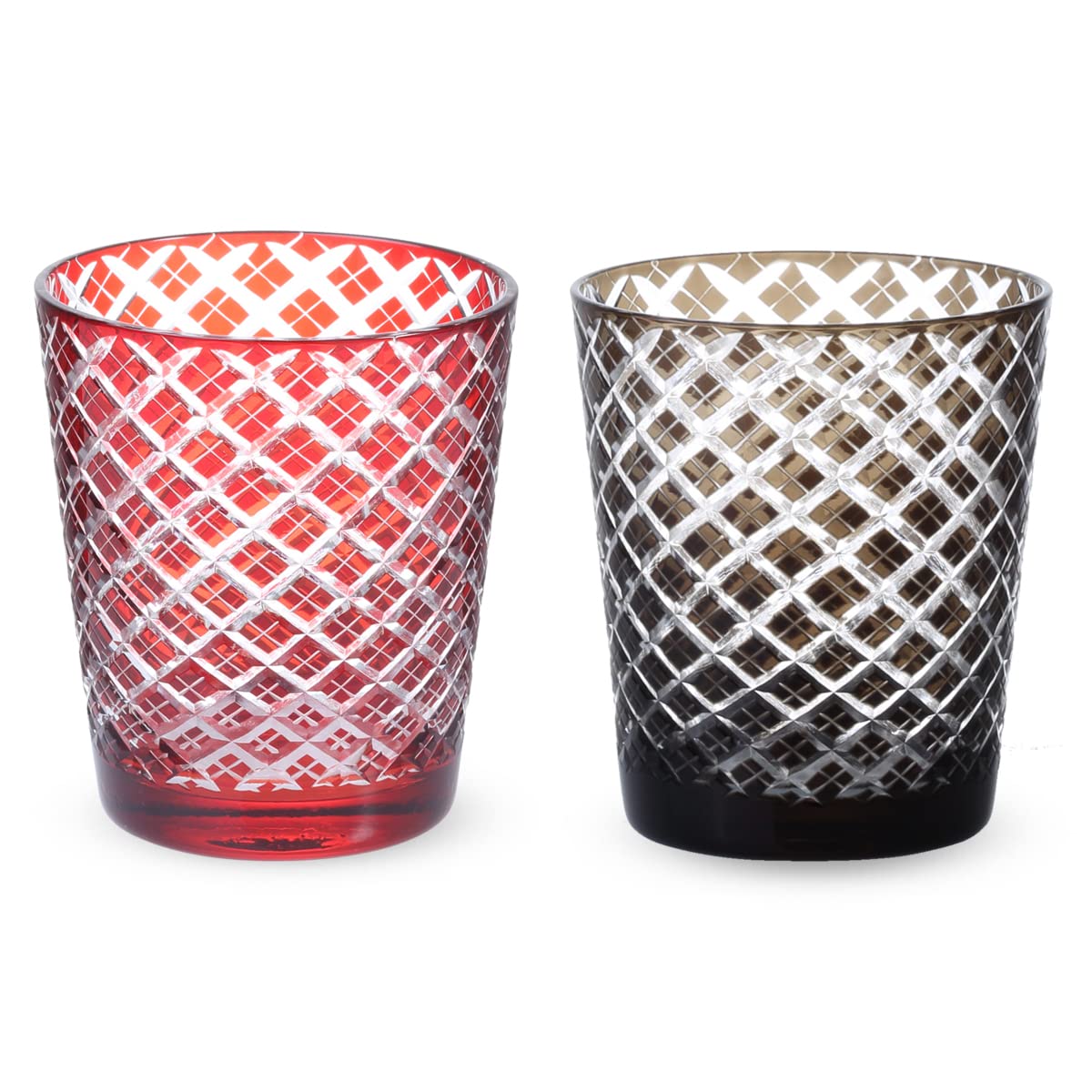 

Nostalgia Kiriko Pair of Glass Diamond Red Current Model J-kitchens Cups, 79xH90mm, 220cc, Pattern, & Brown, Bisho,