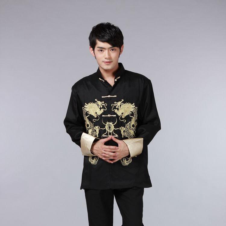 Men's Embroidered Double Dragon Tang Suit Jacket - Long Sleeve, Middle-Aged & Elderly, Spring/Autumn Casual Performance Top