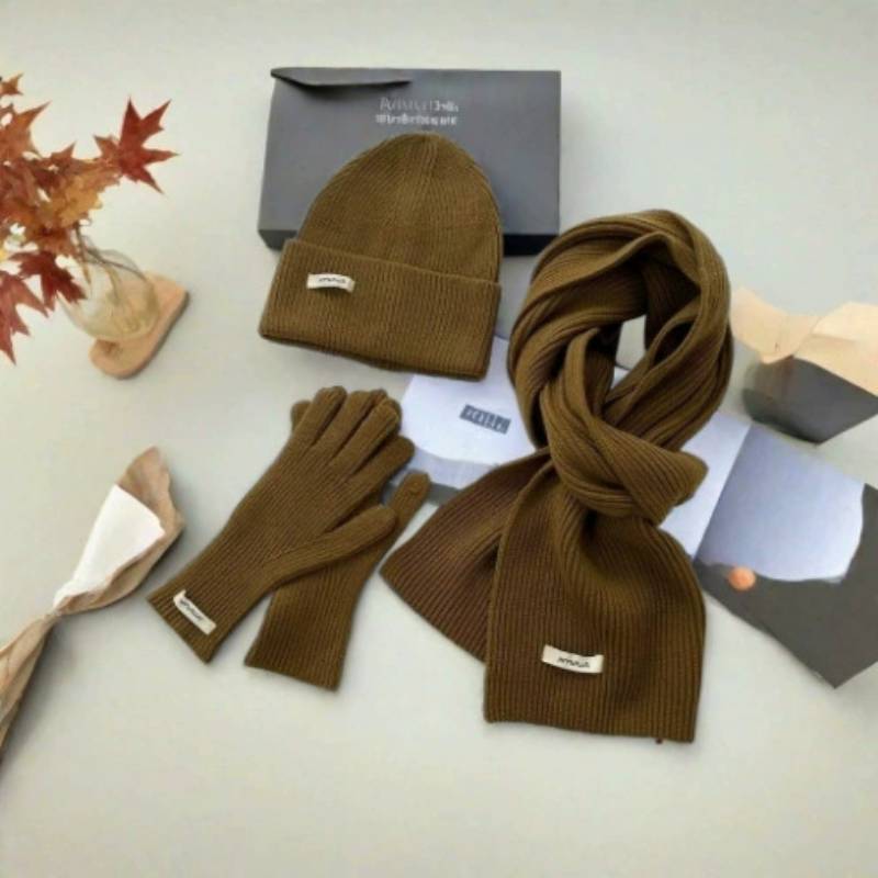 Baumwollstrick Wintermütze Schal Handschuhe Set Für Damen Mit Strukturmuster