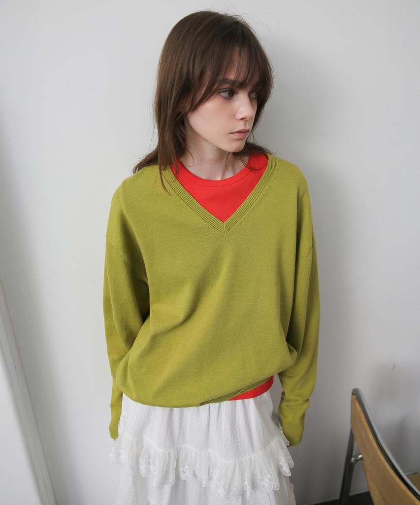 Leuba All-Day Cotton V-Neck Knit - Matcha Olive