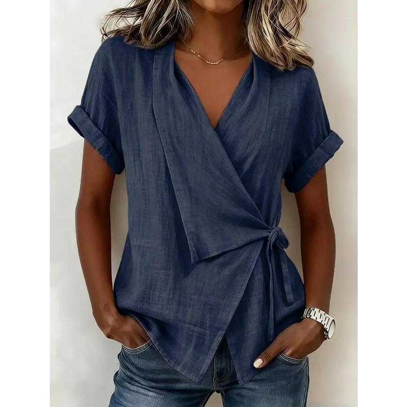 Women Spring Summer European and American Style Casual Solid Color Stand-up Collar Tie-up Asymmetrical Loose S
