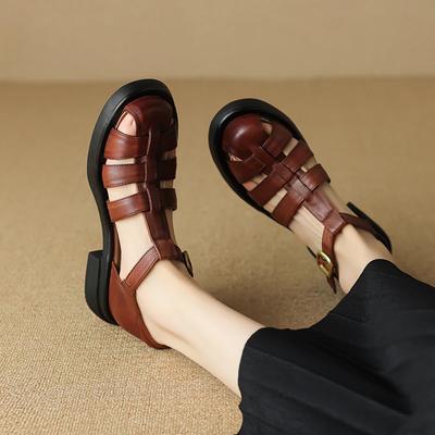 Fashion New Summer Sandals Genuine Leather Luxury Roman Sandals Casual Buckle Strap Summer Shoes GLADIATOR Thick Heel Women Shoes