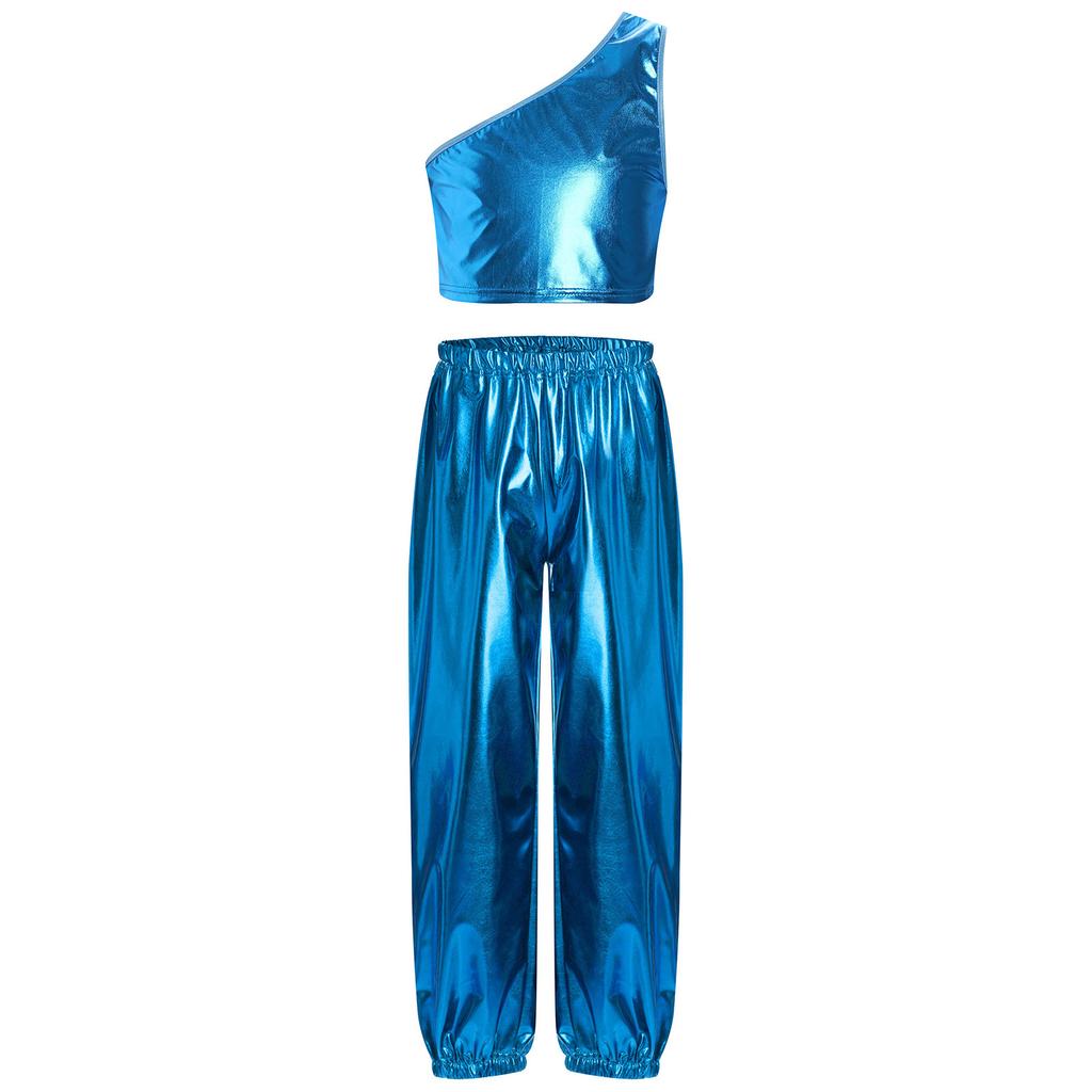 Girls Party Performance Outfit One Shoulder Sleeveless Metallic Vest Shiny Pants Dance Costume Stage Set