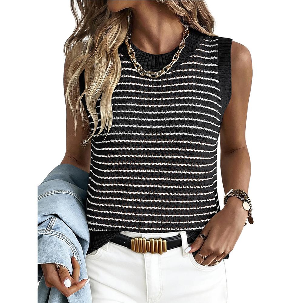 Summer New Style Women's Round-neck Sleeveless Striped Knitted Cardigan Top with Open Front Sweater
