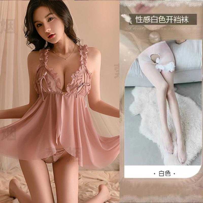Sexy underwear sexy pajamas female seduction chest split hollow suspender perspective nightdress
