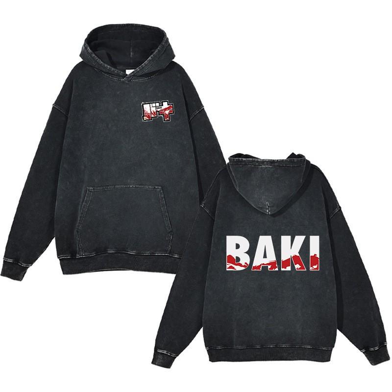 Baki Hanma Anime Streetwear Hoodie Heavyweight Cotton Washed Vintage Style Mens Long Sleeve Pullover