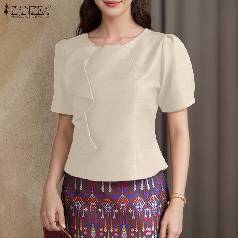 ZANZEA Women Elegant Round Neck Casual Short Sleeve Solid Blouse