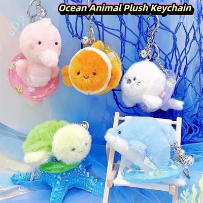 Kawaii Ocean Animal Plush Keychain Seahorse Plush Fluffy Sea Turtle Keyring Pp Cotton Simulation Dolphin Plush Doll Birthday Present