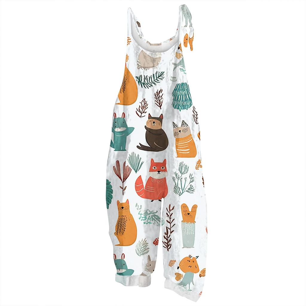 Kombinezon damski z nadrukiem świątecznym, swobodny, luźny, vintage, na ramiączkach, bawełniany, lniany