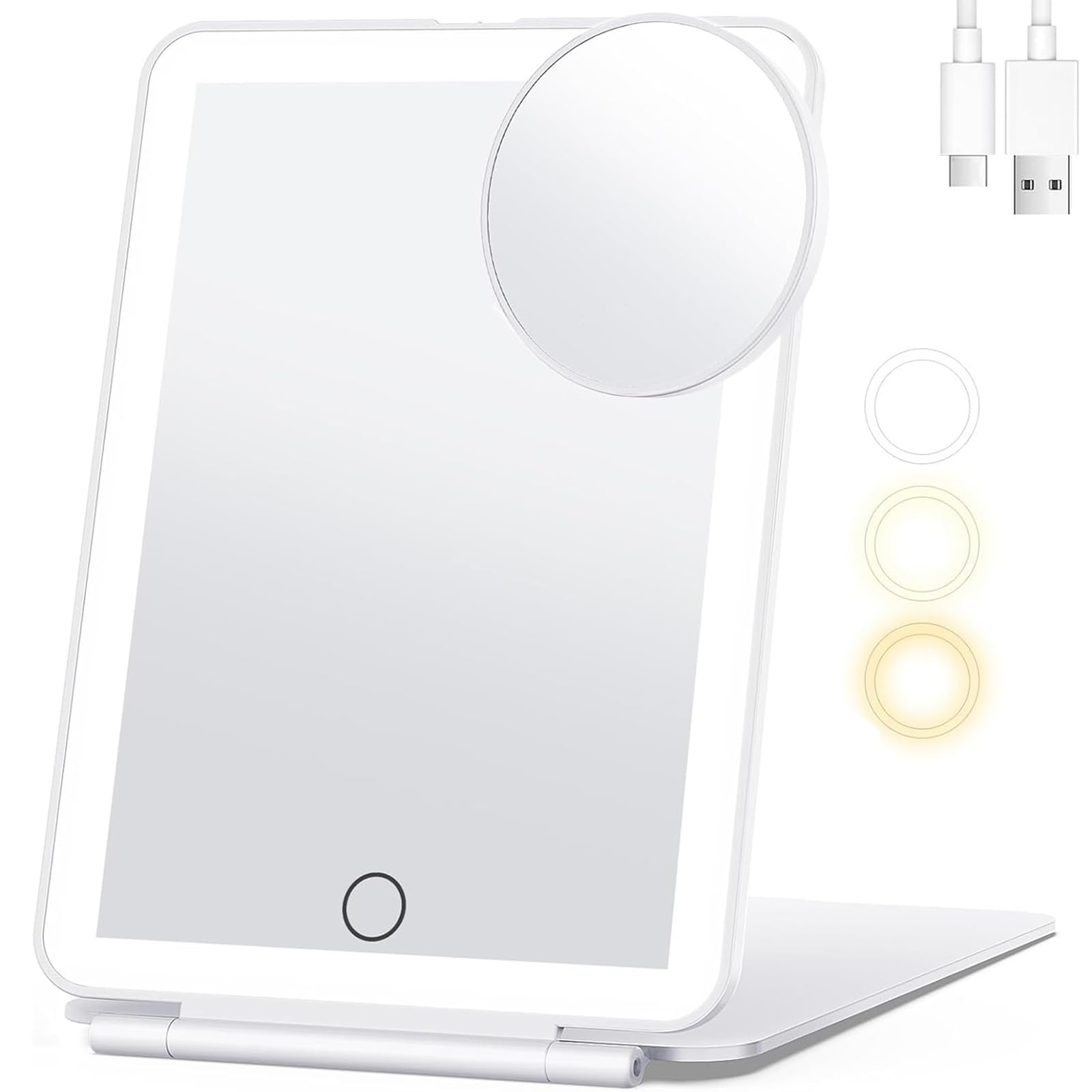 

Desktop makeup mirror with 3 color LED light stepless brightness magnifying angle compact storage and easy settings, foldable, touchscreen, белый