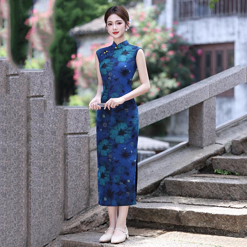 Blue sleeveless national style new Chinese Suzhou long cheongsam improved young 1011 new women's high sense summer