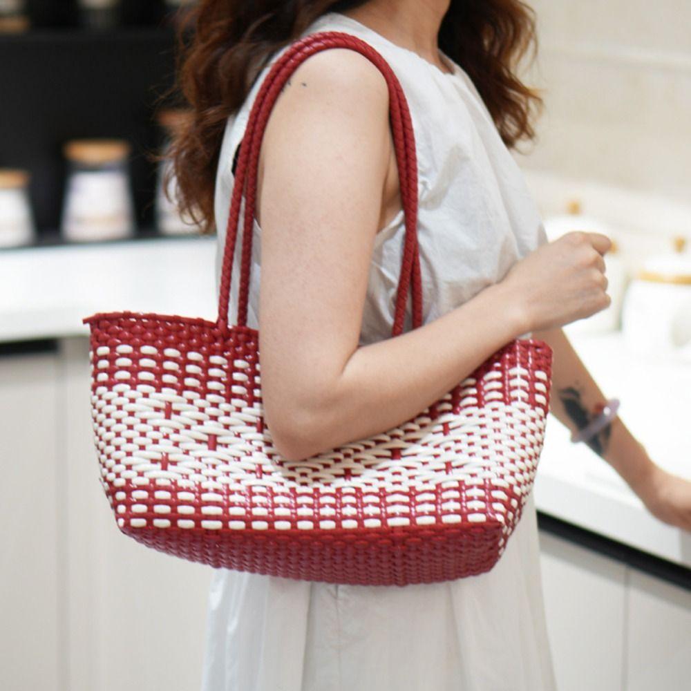 Hollow Out PVC Vegetable Basket Bag Bohemian Style Vacation Style Weave Bag Large Capacity Waterproof Beach Bag Bucket Bag