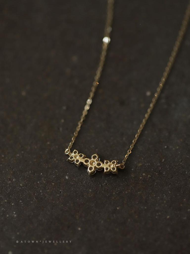 14K Gold-Plated S925 Sterling Silver Necklace with Three Diamonds and Mini Flower Pendant