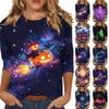Women's Casual Halloween Print Three Quarter Sleeve Round Neck Top Lightweight Comfortable Fit for Seasonal Wear