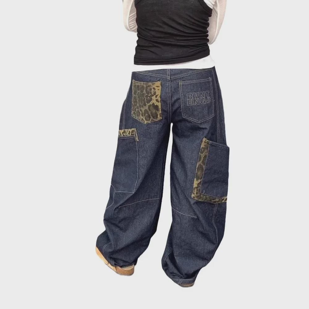 Men's Retro Leopard Patchwork Wide-Leg Jeans - Washed Scimitar Design, Spring/Autumn Style