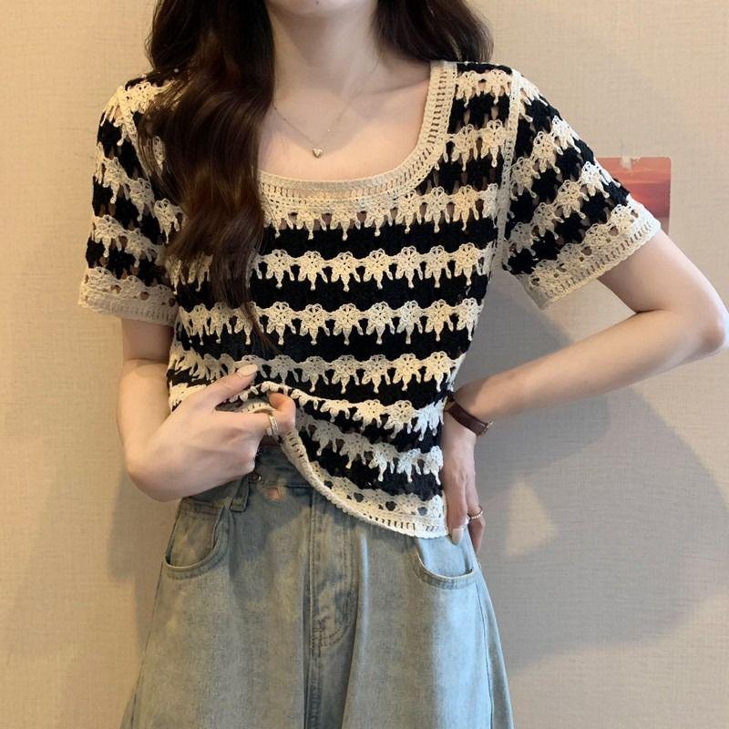 

Женский летний вязаный топ с коротким рукавом в полоску 2025 One Size [Recommended for up to 125 jin]