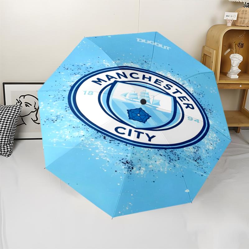 Manchester City Football Club Print Automatic Umbrella, 8 Rib Iron Frame, Plastic Handle, Suitable for Outdoor Travel &Daily , Ideal Gift