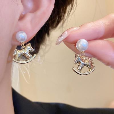 Fashion Jewelry Pearl Zodiac Pony Earrings Chinese Horse New Year Drop Earrings  Women