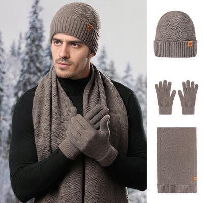 Men's Winter Hat Scarf Gloves Set 3 Pcs Warm Skull Cap Long Scarf Fleece Lined Gloves Set for Cold Weather