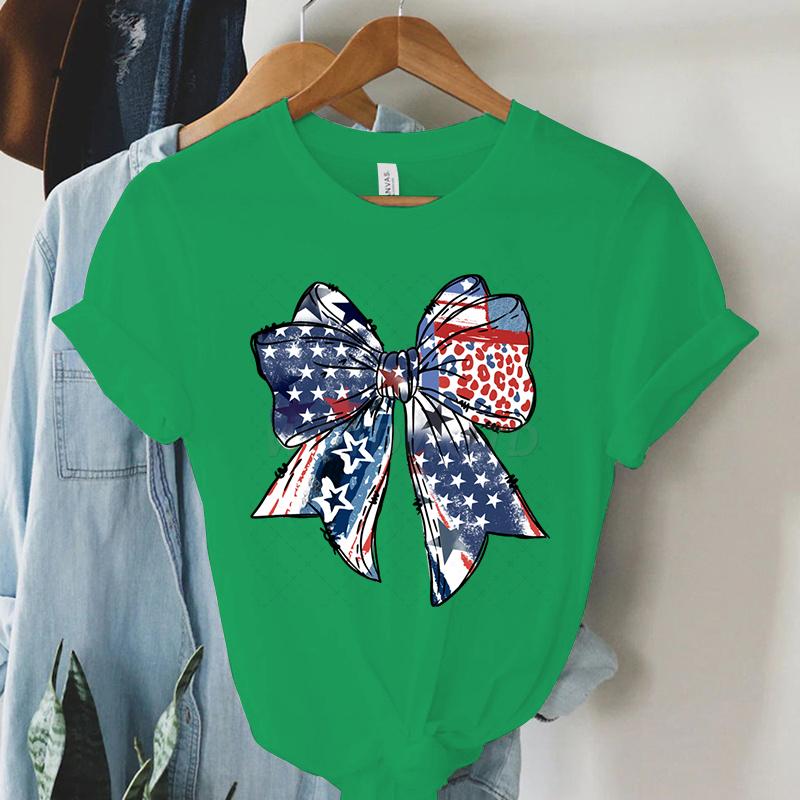 USA Flag Coquette Bow Design Woman T-shirts July 4th Crew Neck Summer Clothes Men 4th of July Coquette Bow Shirts and Blouses