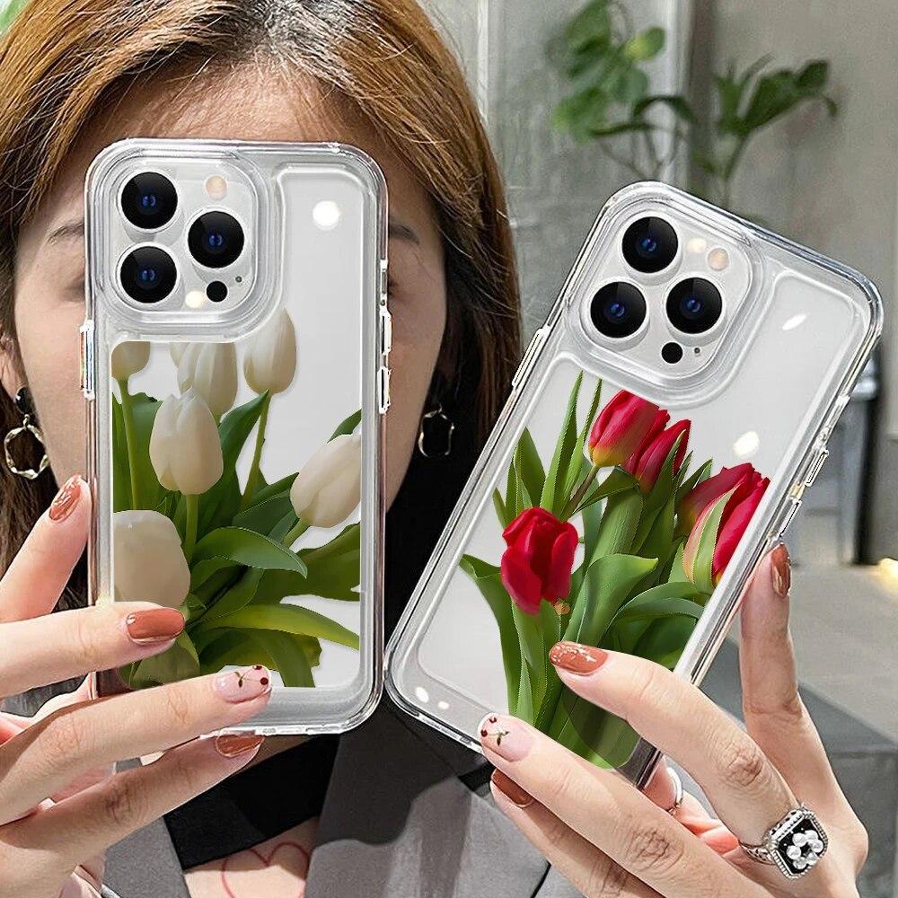 Tulpenblumen-Telefonhülle für iPhone 11 Hülle für iPhone 14 Pro Max 13 12 Pro Max XR XS Max X 7 8 14 Plus SE Stoßfeste transparente Abdeckung