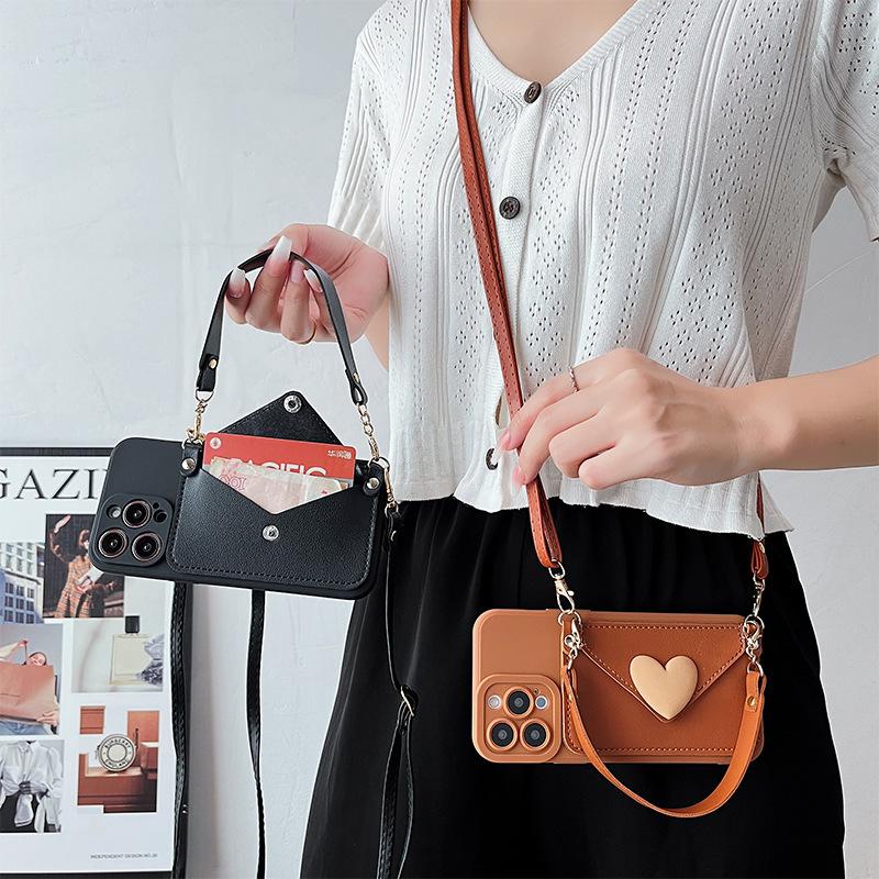 For IPhone Crossbody Wallet Card Holder Mobile Phone Case for Apple 17 Portable Rope 15 Love 14 Fine Holes 16 All-inclusive Soft