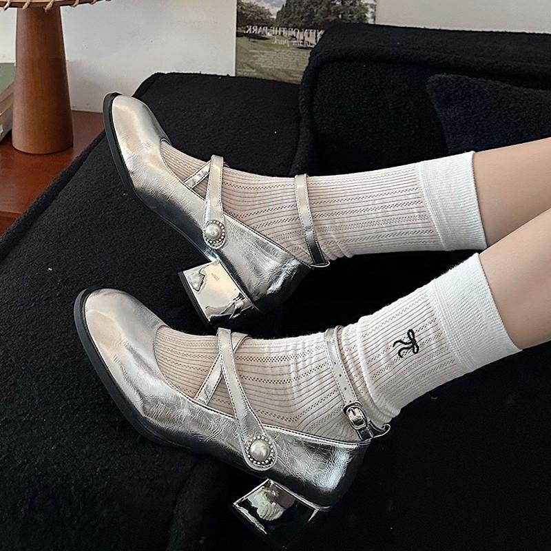 Silver single shoes retro square head Mary Jane shoes college style small leather shoes elegant