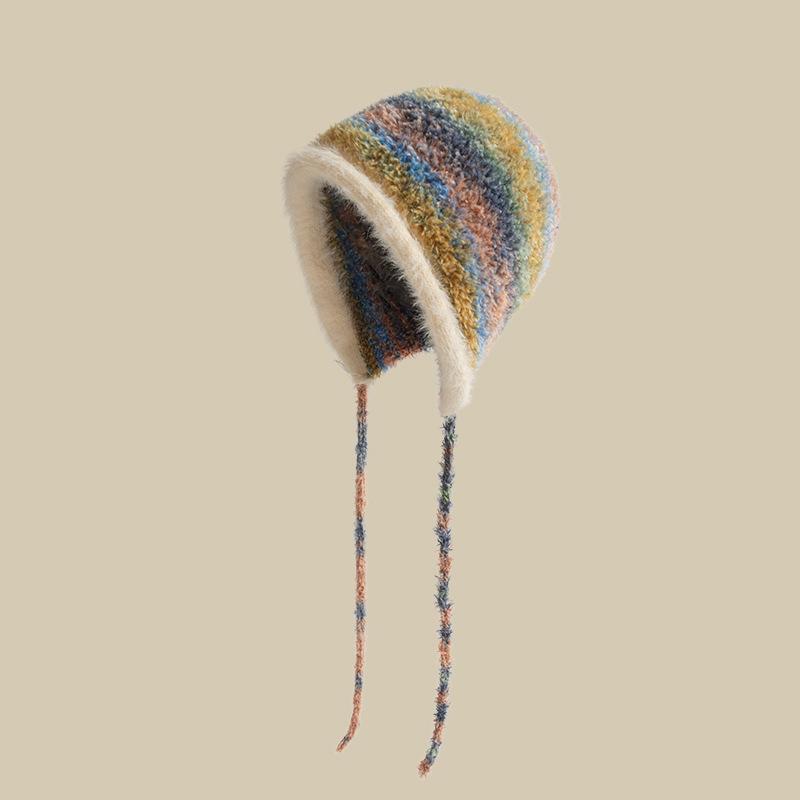 Winter Rabbit Hair New Rainbow Gradual Change Contrasting Color Ear Protector Wool Hat Women's Warm and Cold Plush Knitted Pullover Hat