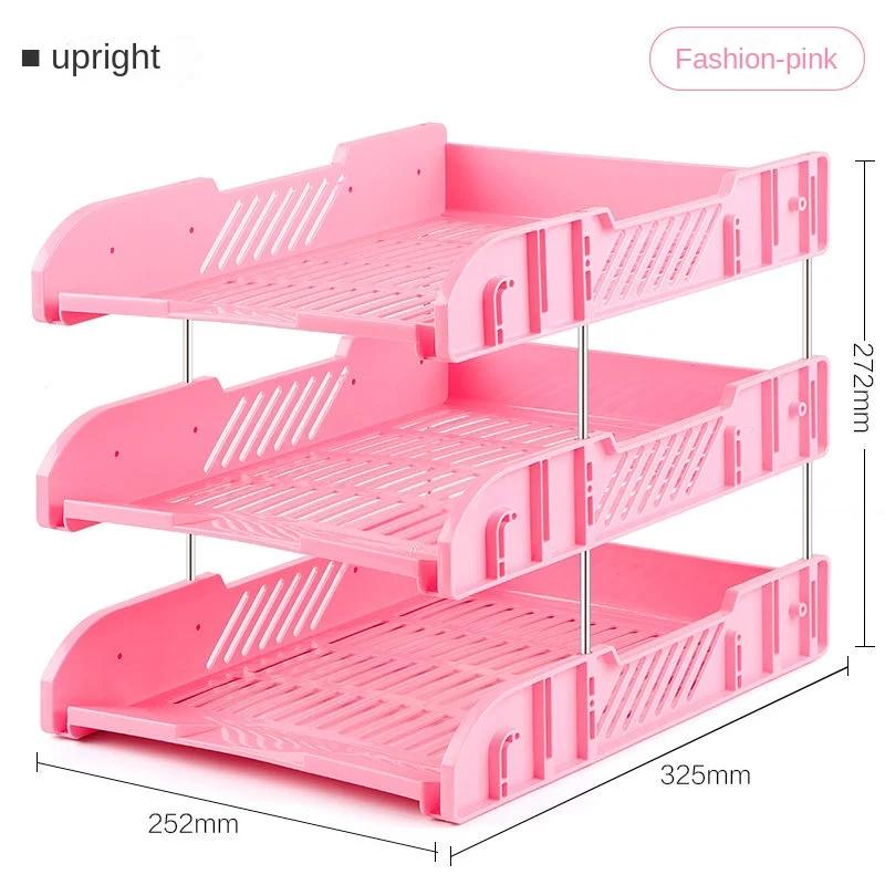 Three-layer File Rack Multi-layer Tray Storage Rack Holder Office Storage Plastic File Desk Storage Rack розовый