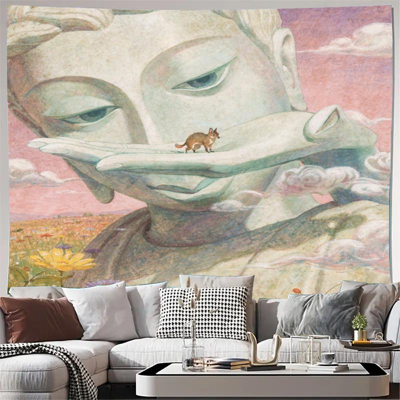 Large Artistic Boho Tapestry Wall Hanging Serene Buddha Face Spiritual Asian Home Decor Living Room Mural Art