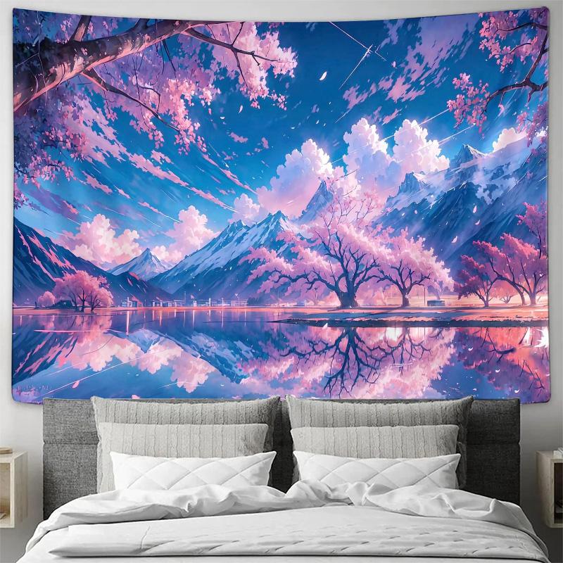Sakura Cherry Blossom Mountain Lake Sky Reflection Wall Tapestry Machine Washable All Season Fantasy Landscape Design Home