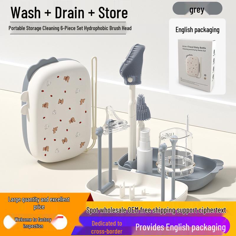 Portable Baby Bottle and Nipple Brush Set with Storage Box - Silicone Cleaning Tool