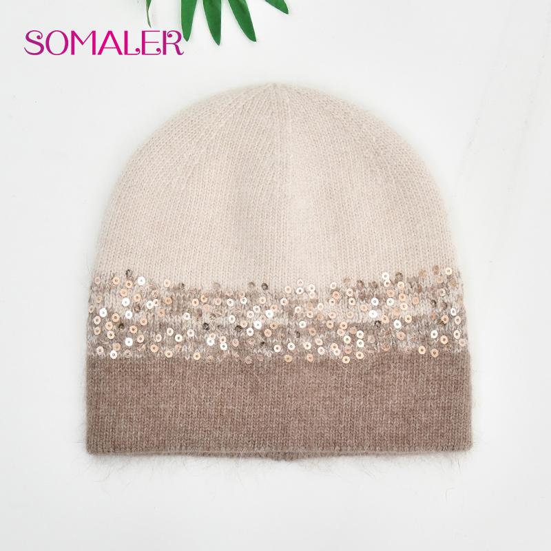 SOMALER Winter Hats for Women Warm Angora Wool Knitted Hat Fashion Sequin Beanie Hat Thick Long Rabbit Fur Hair  Skull Cap Bonnet