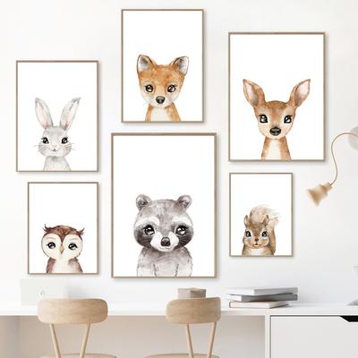 Woodland Animal Forest Rabbit Deer Fox Raccoon Nursery Wall Art Print Canvas Painting Poster Wall Pictures Baby Kids Room Decor