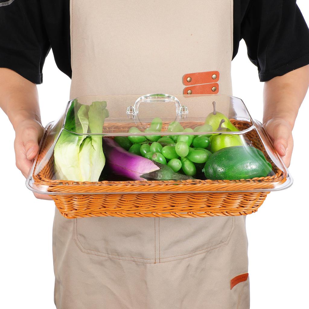 Simulated Rattan Bread Basket Transparent Cover Rustic Woven Storage Basket for Kitchen Restaurant Bakery Fruit Vegetable